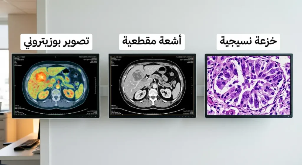 عرض لثلاث أدوات تشخيصية حديثة للأورام تشمل الخزعة النسيجية والأشعة المقطعية والتصوير البوزيتروني