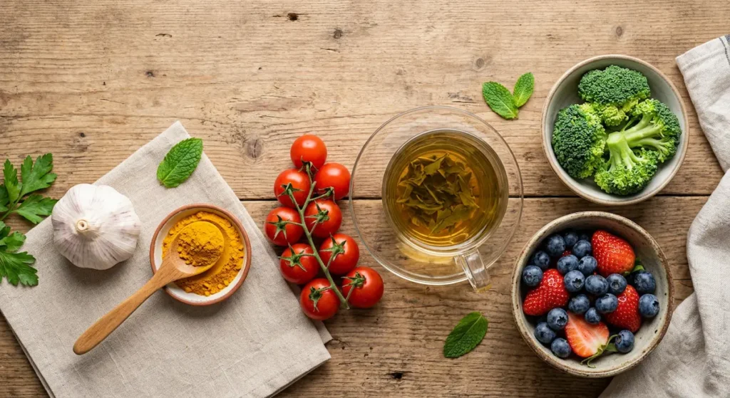  تشكيلة من الأطعمة المضادة للسرطان تشمل البروكلي والتوت والشاي الأخضر والطماطم والثوم والكركم