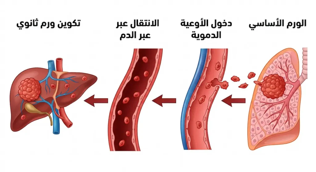  رسم توضيحي يُظهر مراحل انتشار الورم الخبيث من موقعه الأصلي عبر الدم إلى أعضاء بعيدة لتكوين أورام ثانوية