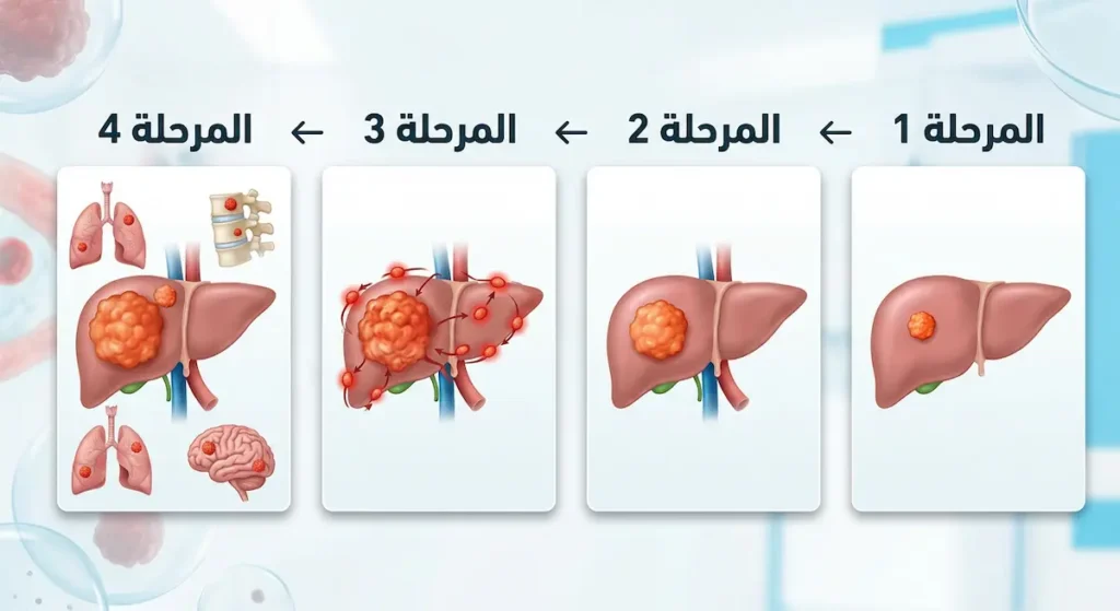  رسم توضيحي يُظهر المراحل الأربع للورم الخبيث من ورم صغير محصور إلى انتشار واسع في أعضاء بعيدة