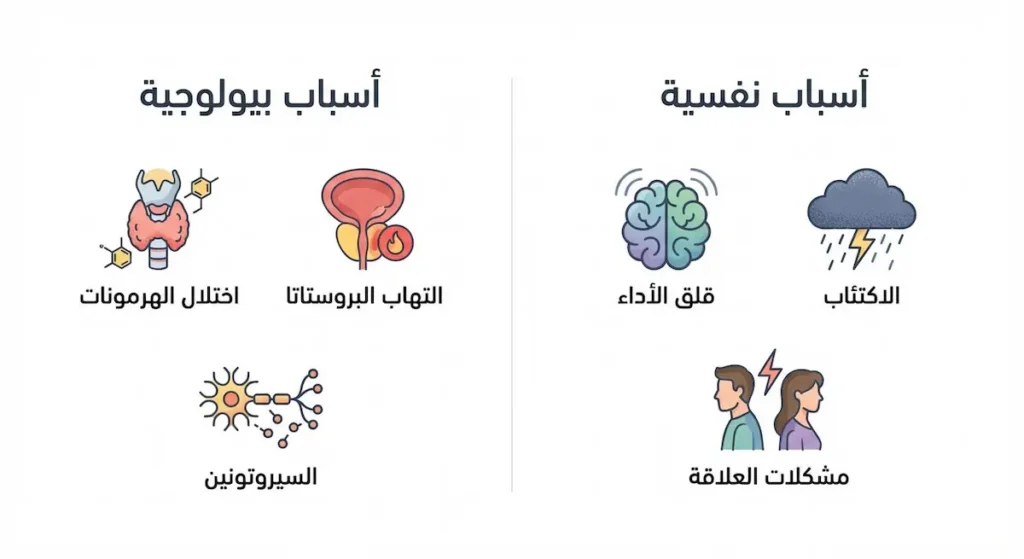 رسم توضيحي يوضح الأسباب النفسية والبيولوجية لسرعة القذف