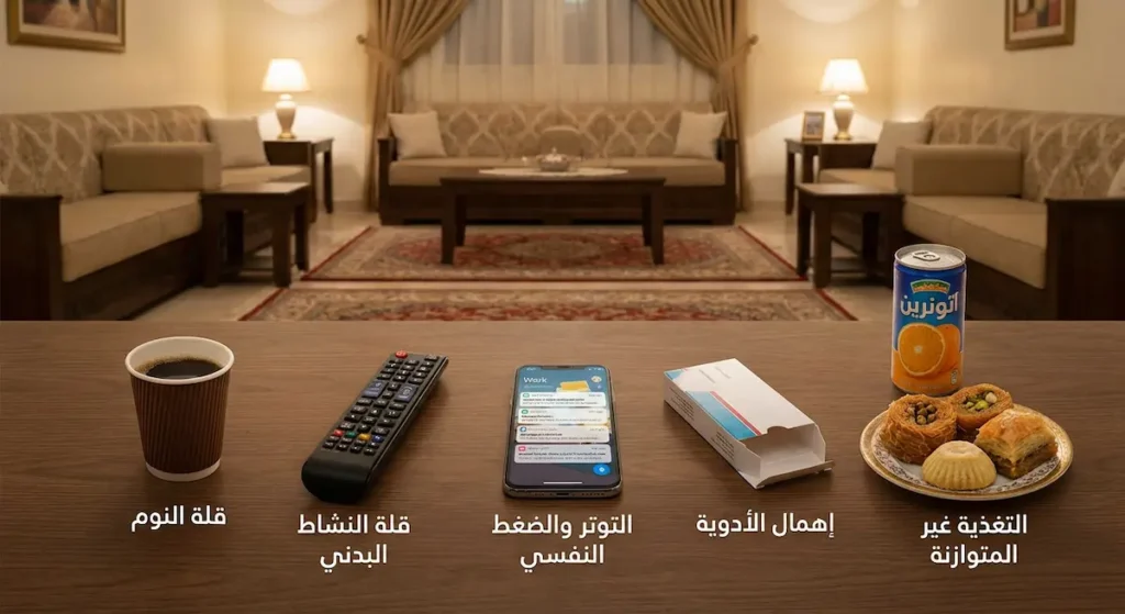 مشهد من أعلى لطاولة عليها عناصر تمثل أسباب ارتفاع السكر التراكمي: حلويات وعصير معلّب وعلبة دواء فارغة وهاتف بإشعارات عمل وريموت تلفزيون وفنجان قهوة