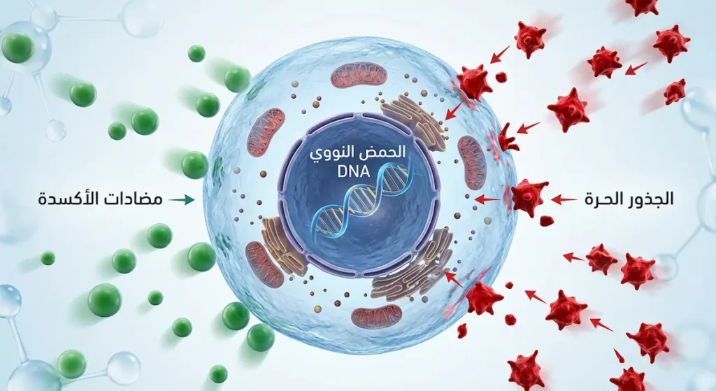  رسم توضيحي علمي يُظهر خلية بشرية مع الحمض النووي والجذور الحرة ومضادات الأكسدة