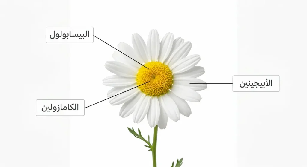 رسم توضيحي لزهرة البابونج يبين مواقع المركبات الفعالة الثلاثة: الأبيجينين والبيسابولول والكامازولين