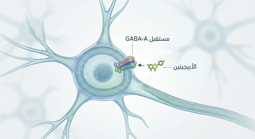 رسم توضيحي لخلية عصبية يظهر ارتباط مركب الأبيجينين بمستقبل GABA-A المسؤول عن التهدئة