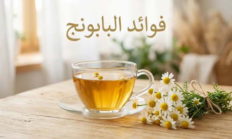 كوب شاي بابونج ذهبي اللون بجانب أزهار البابونج الطازجة على سطح خشبي مع عبارة فوائد البابونج