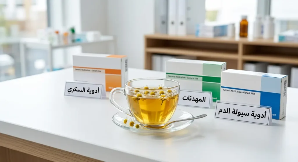 كوب شاي بابونج محاط بثلاث علب أدوية تمثل أدوية سيولة الدم والمهدئات وأدوية السكري التي يتفاعل معها