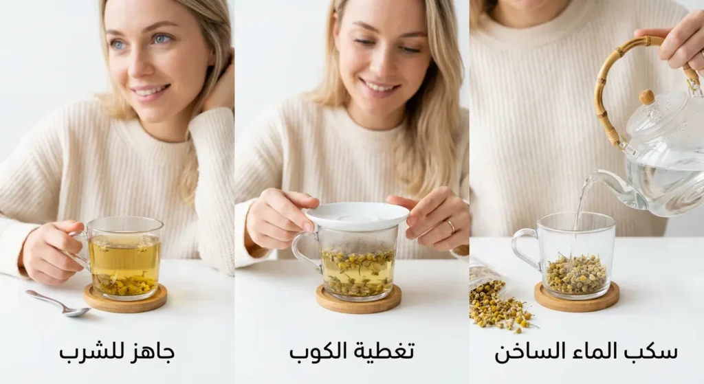  ثلاث خطوات متتالية لتحضير شاي البابونج: سكب الماء الساخن ثم تغطية الكوب ثم التقديم