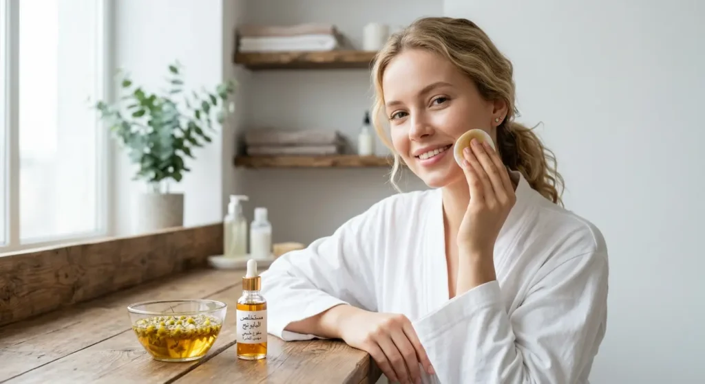  فتاة شابة تطبق منقوع البابونج على بشرة وجهها باستخدام قطنة كعلاج طبيعي للبشرة