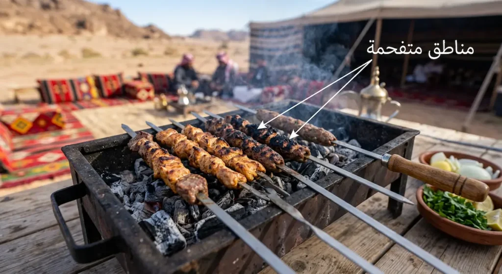 شواية فحم عليها قطع لحم بعضها ذهبي وبعضها متفحم مع تصاعد دخان خفيف