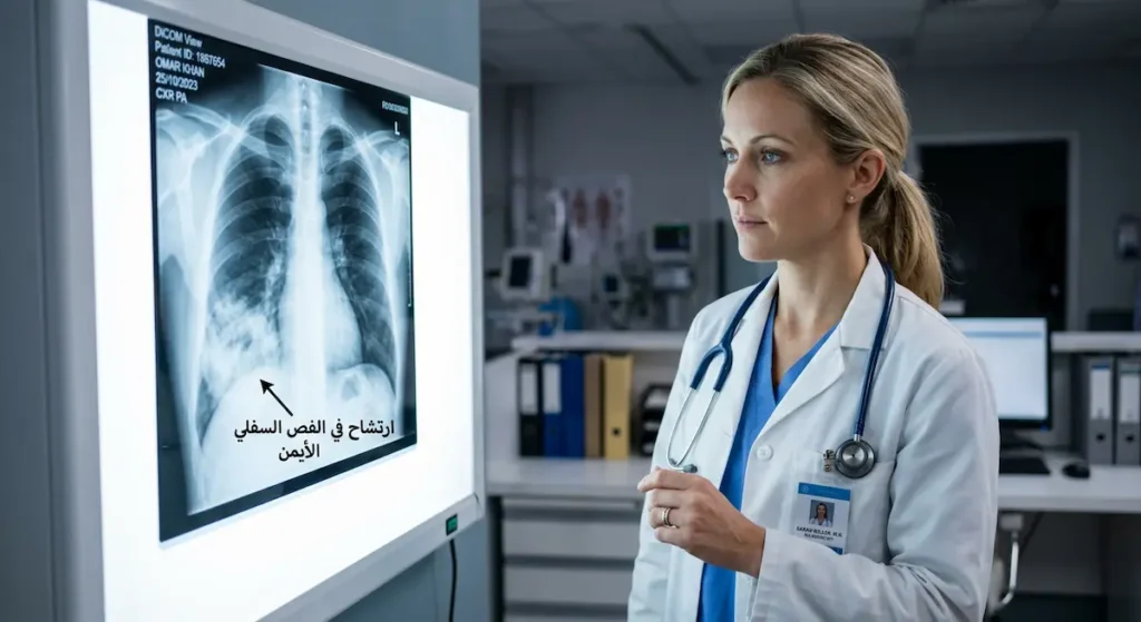 صورة أشعة سينية للصدر تُظهر ارتشاحاً في الفص السفلي للرئة اليمنى مع طبيبة تفحص الصورة على شاشة مضيئة