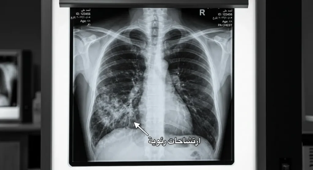 صورة أشعة سينية للصدر تُظهر ارتشاحات رئوية في الفصوص السفلية نتيجة متلازمة مندلسون