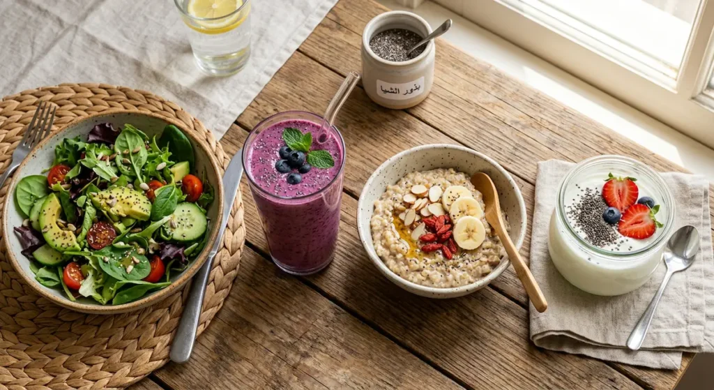 طاولة إفطار تحتوي على أربع طرق مختلفة لتناول بذور الشيا مع الزبادي والشوفان والسموذي والسلطة