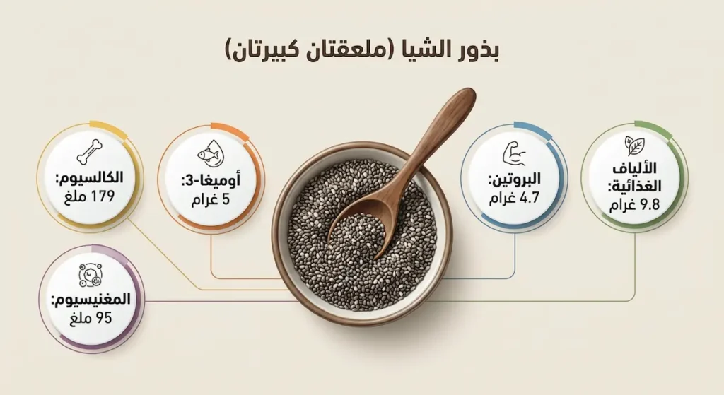 إنفوغرافيك يوضح القيمة الغذائية لملعقتين كبيرتين من بذور الشيا شاملاً الألياف والبروتين وأوميغا-3 والكالسيوم والمغنيسيوم