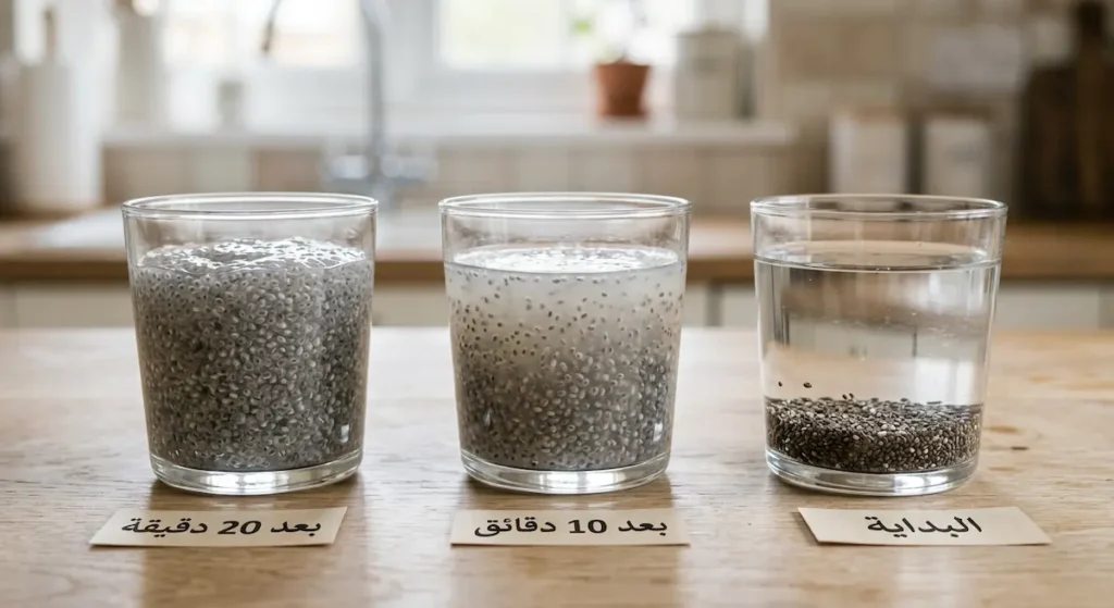 ثلاثة أكواب زجاجية تُظهر مراحل تحول بذور الشيا من الحالة الجافة إلى المادة الهلامية خلال 20 دقيقة من النقع في الماء