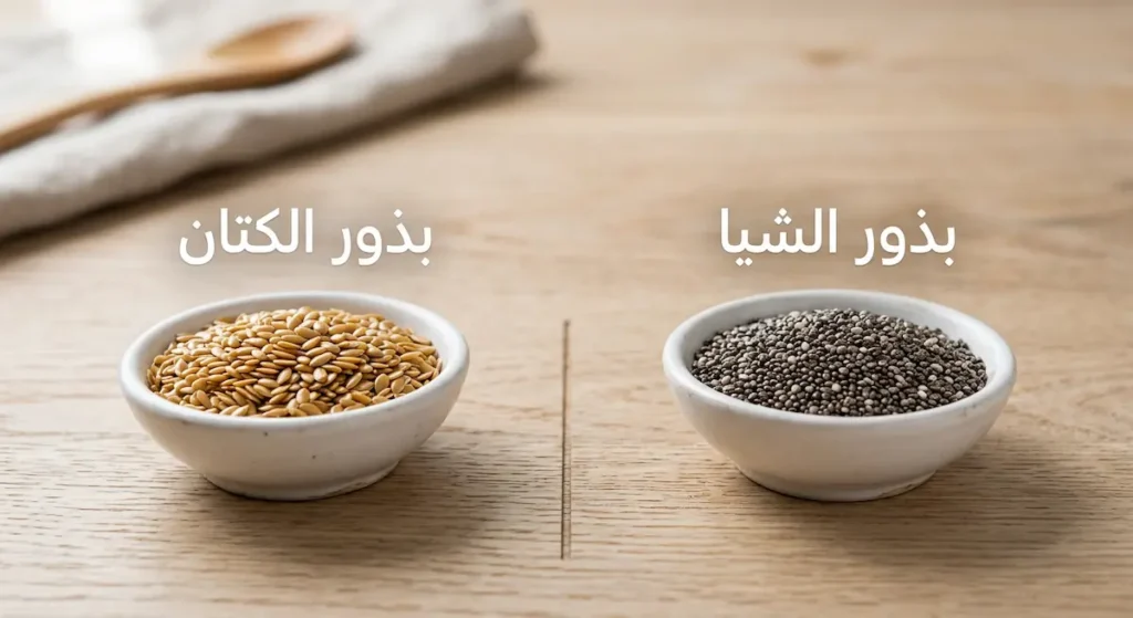 مقارنة بصرية بين بذور الشيا الرمادية الصغيرة وبذور الكتان البنية الذهبية المسطحة في طبقين متجاورين