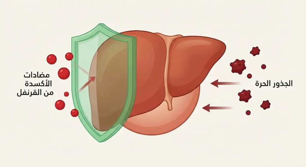  رسم توضيحي لخلية كبد بشرية محاطة بدرع من مضادات الأكسدة القادمة من القرنفل يحميها من هجوم الجذور الحرة