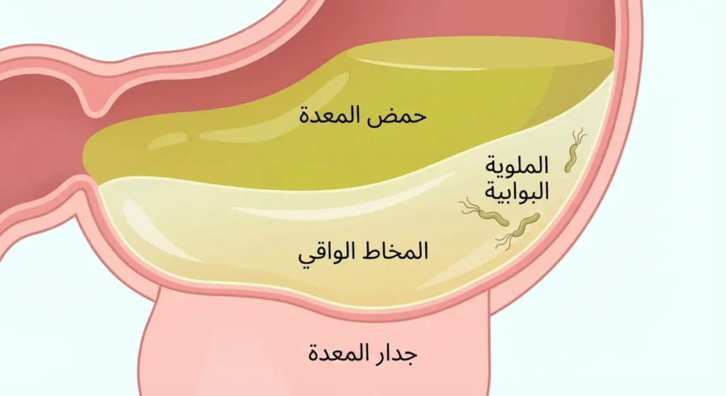 مقطع عرضي لجدار المعدة يوضح طبقة المخاط الواقي التي يعززها القرنفل بين حمض المعدة وجدار المعدة مع وجود بكتيريا الملوية البوابية