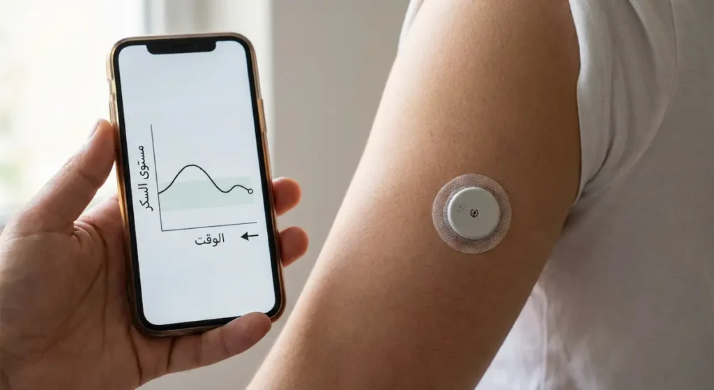 جهاز مراقبة مستمرة للجلوكوز صغير مثبت على أعلى ذراع شخص بالغ مع هاتف ذكي يعرض رسماً بيانياً لمستويات السكر