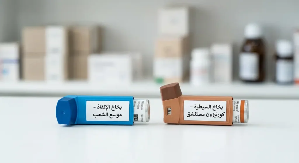  نوعان من بخاخات الربو: بخاخ السيطرة (الكورتيزون المستنشق) باللون البرتقالي وبخاخ الإنقاذ (موسع الشعب) باللون الأزرق