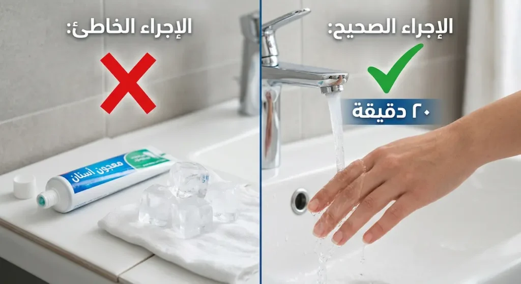 مقارنة توضح أن معجون الأسنان والثلج المباشر ضاران للحروق بينما الماء البارد الجاري لمدة عشرين دقيقة هو العلاج الصحيح