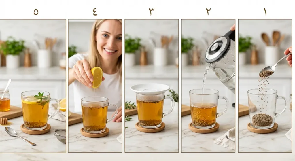 خمس خطوات متسلسلة توضح الطريقة الصحيحة لتحضير مشروب الكمون والليمون مع الحفاظ على فيتامين C