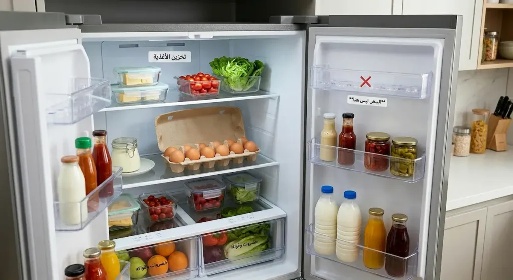  ثلاجة منزلية مفتوحة تُظهر كرتون البيض في الرف الأوسط مع ترك باب الثلاجة فارغاً من البيض