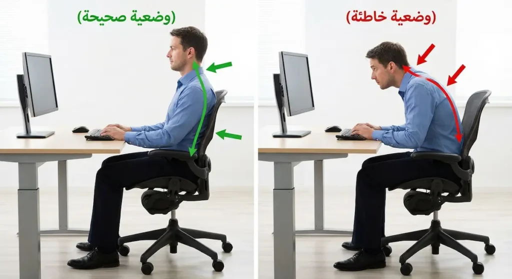 مقارنة جانبية بين وضعية جلوس خاطئة بظهر منحنٍ ووضعية صحيحة بظهر مستقيم أمام الحاسوب