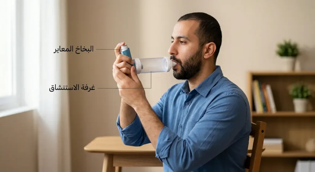 شخص يستخدم بخاخ الربو المعايَر مع غرفة الاستنشاق (Spacer) بالطريقة الصحيحة وهو جالس بشكل مستقيم
