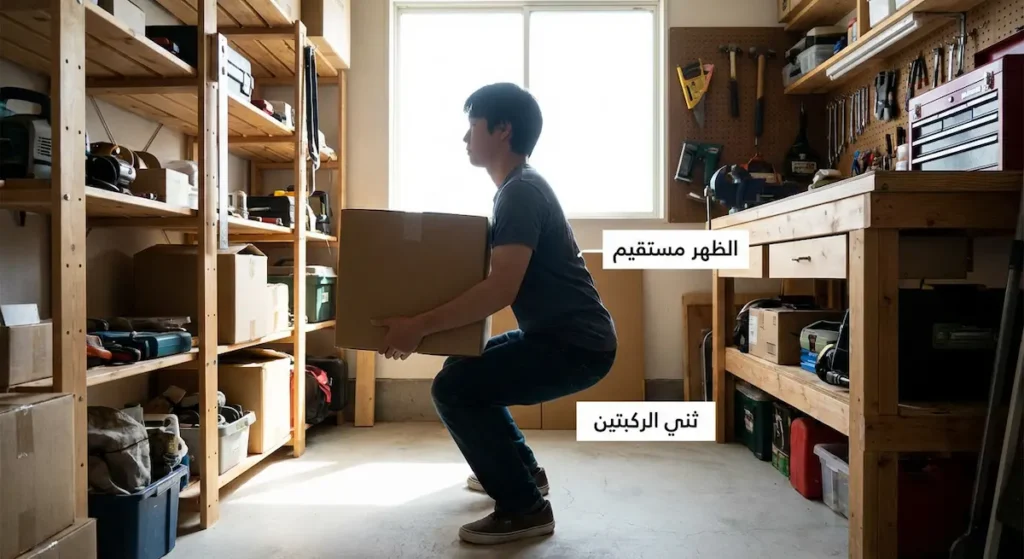  شخص يرفع صندوقاً بالطريقة الصحيحة مع ثني الركبتين والحفاظ على استقامة الظهر
