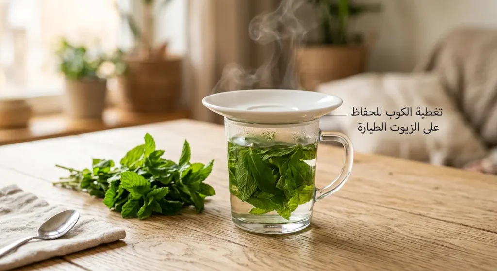  كوب زجاجي يحتوي على شاي نعناع مغطى بصحن للحفاظ على الزيوت الطيارة مع أوراق نعناع طازجة بجانبه