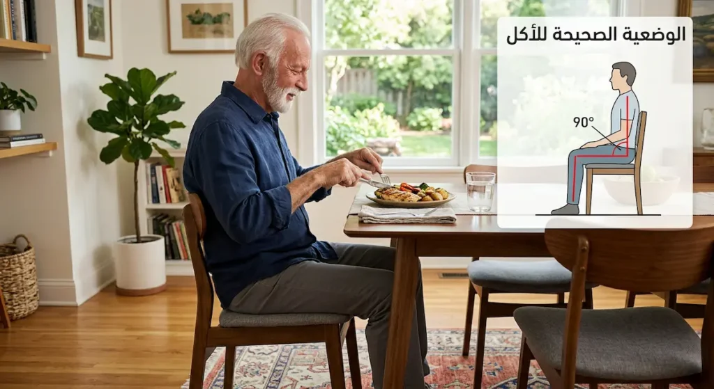 رجل مسن يجلس بوضعية صحيحة بزاوية 90 درجة أثناء تناول الطعام مع رسم توضيحي يُظهر زاوية الجلوس المثالية