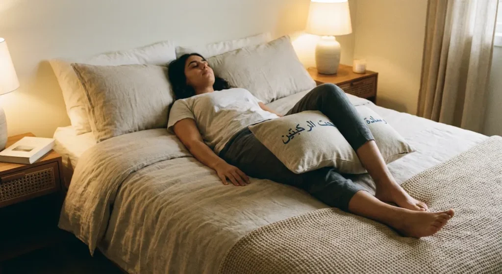 شخص مستلقٍ على ظهره مع وسادة تحت ركبتيه في وضعية النوم الصحيحة لتخفيف ألم أسفل الظهر