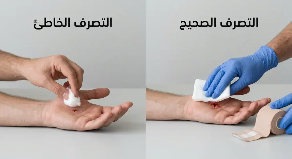 مقارنة توضيحية تُظهر الفرق بين استخدام الشاش المرقئ والرباط الضاغط بشكل صحيح مقابل استخدام القطن بشكل خاطئ للتعامل مع الجروح