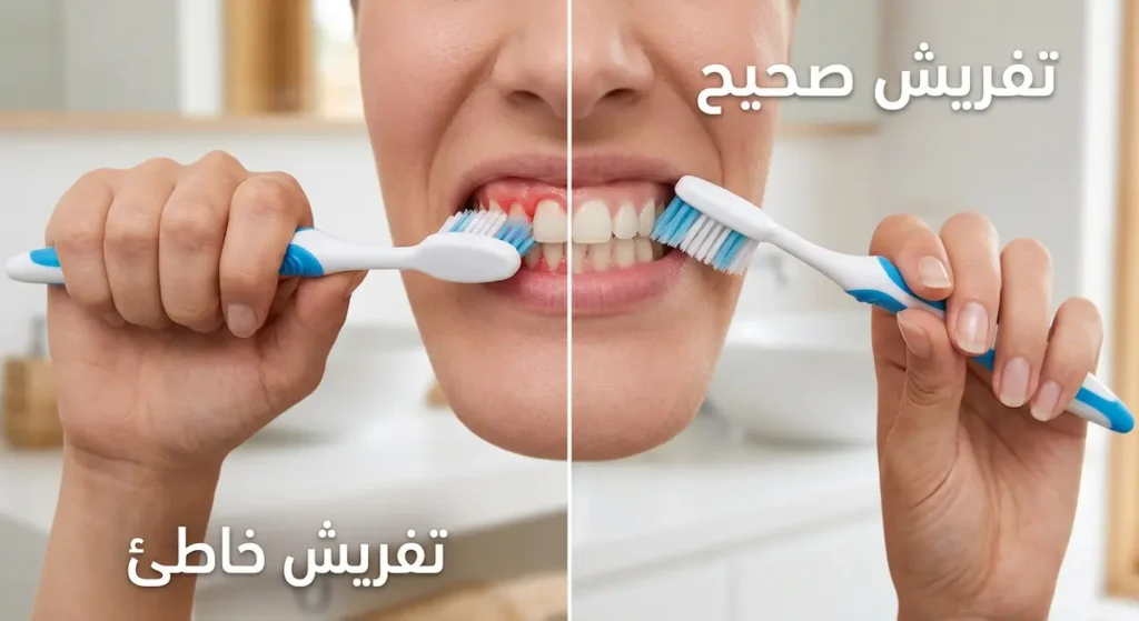  مقارنة توضيحية بين طريقة التفريش الصحيحة اللطيفة وطريقة التفريش الخاطئة العنيفة التي تسبب تآكل المينا