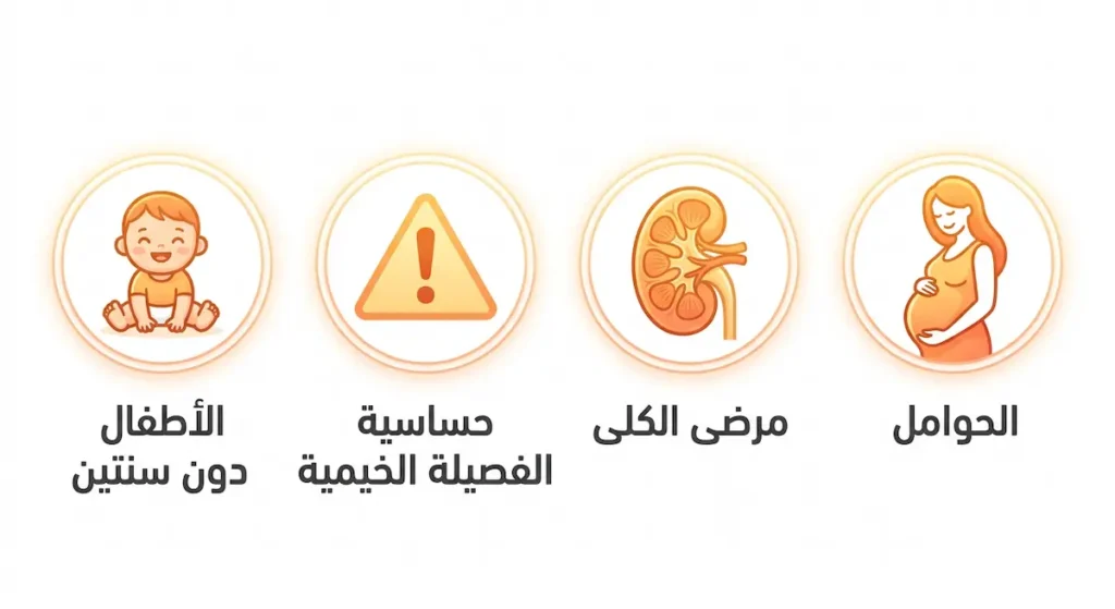 أربع أيقونات توضيحية تمثل الفئات التي يجب أن تستشير الطبيب قبل تناول مشروب الكمون والليمون بكميات كبيرة