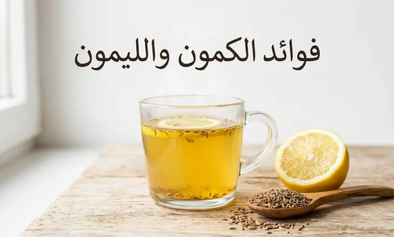 كوب زجاجي يحتوي على مشروب الكمون والليمون الذهبي الدافئ مع نصف ليمونة وبذور كمون على ملعقة خشبية وخلفية بيضاء نظيفة