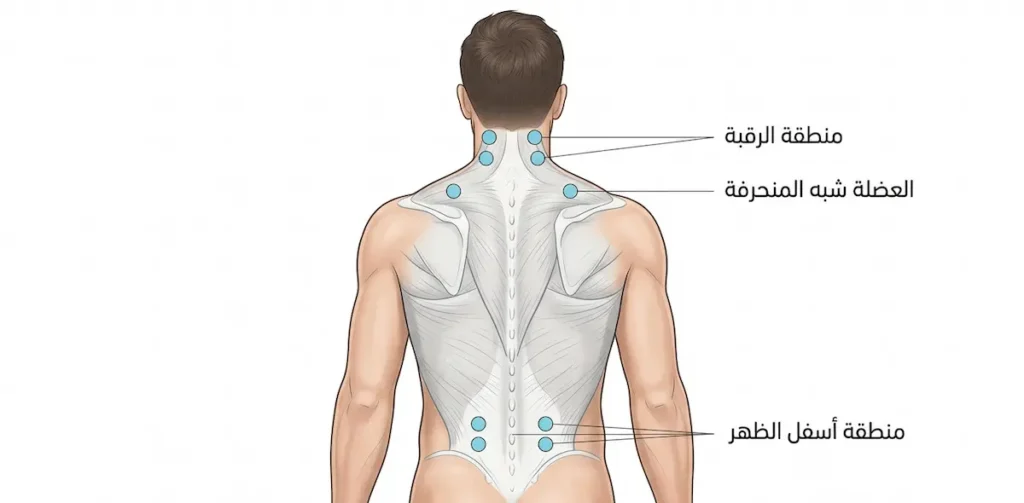 رسم تشريحي لظهر الإنسان يوضح المواضع الشائعة لتطبيق أكواب الحجامة لعلاج آلام أسفل الظهر والرقبة