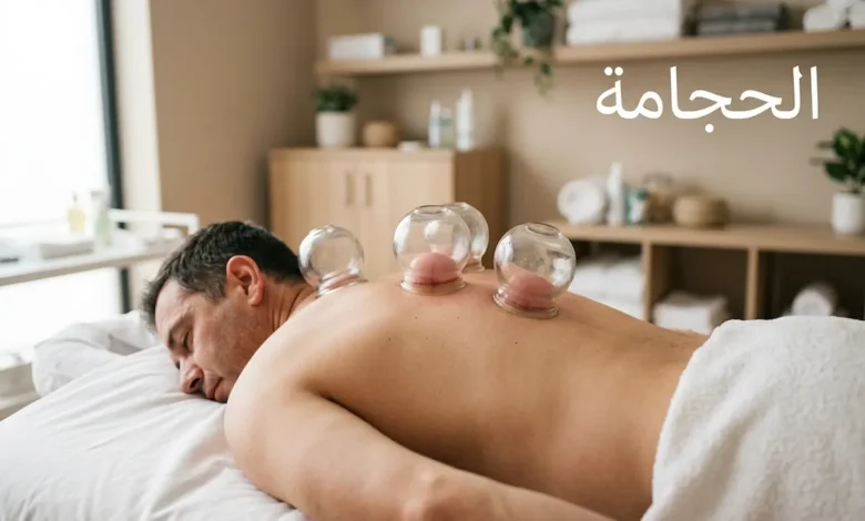 صورة غلاف توضح جلسة حجامة علاجية احترافية مع ظهور أكواب زجاجية شفافة موضوعة على ظهر مريض في بيئة طبية نظيفة