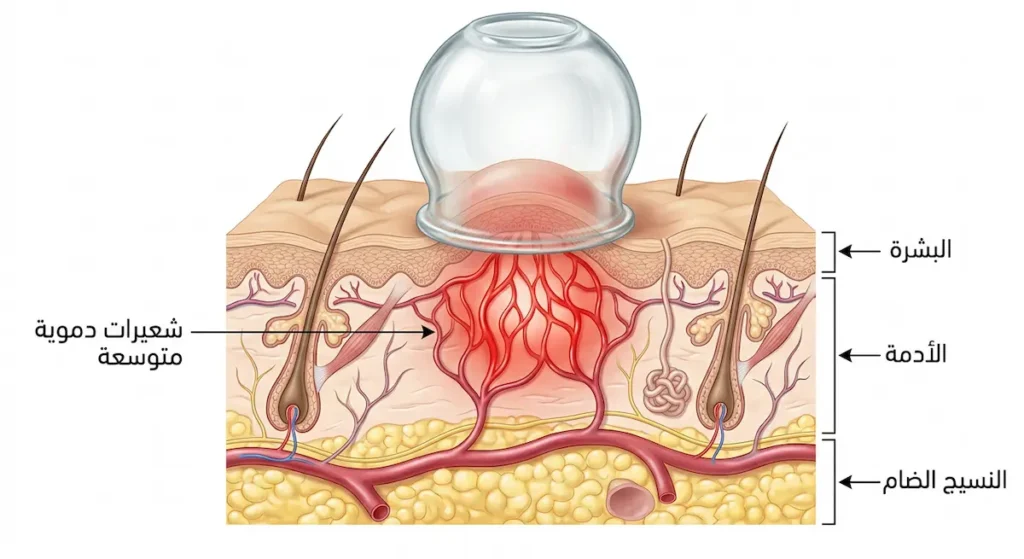رسم توضيحي علمي يوضح تأثير الضغط السالب للحجامة على طبقات الجلد والشعيرات الدموية مع توسع الأوعية وزيادة تدفق الدم