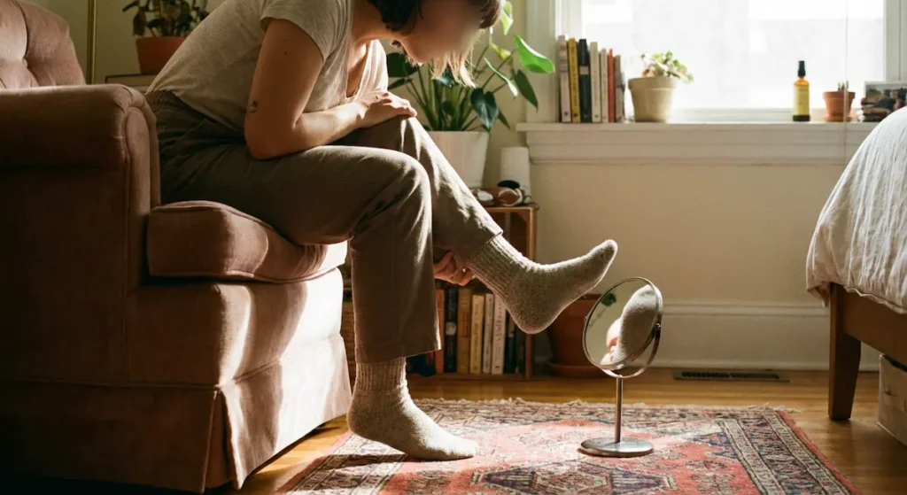 شخص يجلس على كرسي ويستخدم مرآة صغيرة موضوعة على الأرض لفحص باطن قدمه في المنزل