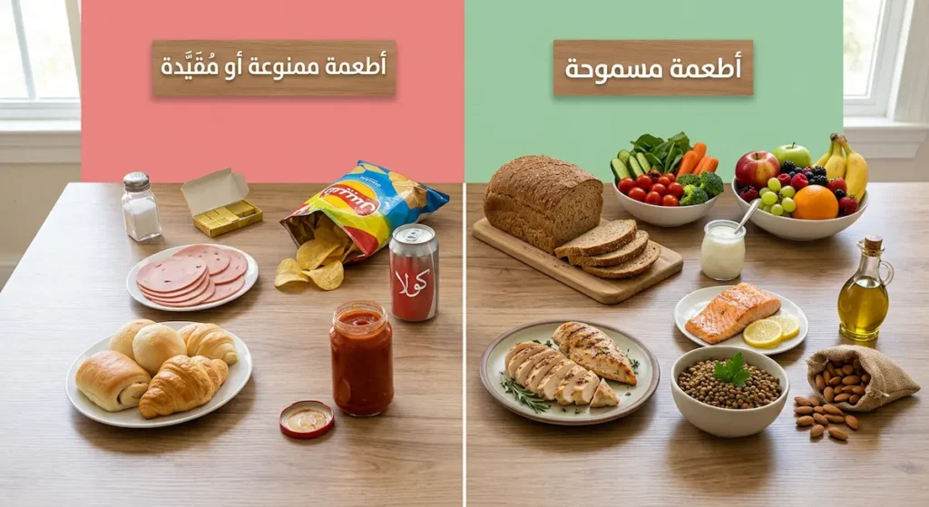 مقارنة بصرية بين الأطعمة المسموحة في حمية داش مثل الخضروات والحبوب الكاملة والأسماك والأطعمة الممنوعة مثل الملح الزائد واللحوم المصنّعة والمشروبات الغازية