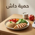 طبق طعام صحي يحتوي على أرز بني ودجاج مشوي وخضروات طازجة بجانب جهاز قياس ضغط الدم مع نص حمية داش على غلاف المقالة