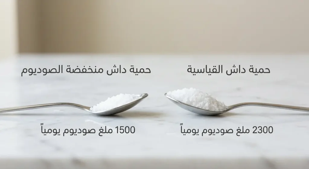 مقارنة بين ملعقتين من الملح تُوضّح الفرق بين حمية داش القياسية بحد 2300 ملغ صوديوم وحمية داش منخفضة الصوديوم بحد 1500 ملغ يومياً
