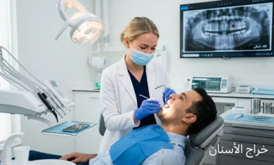 طبيبة أسنان تفحص فم مريض في عيادة حديثة مع ظهور عبارة خراج الأسنان