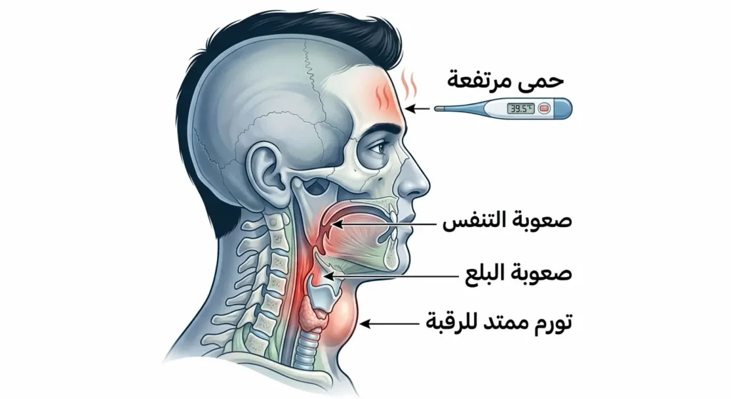 رسم توضيحي يُظهر علامات الخطر في خراج الأسنان مثل صعوبة البلع والتنفس وتورم الرقبة