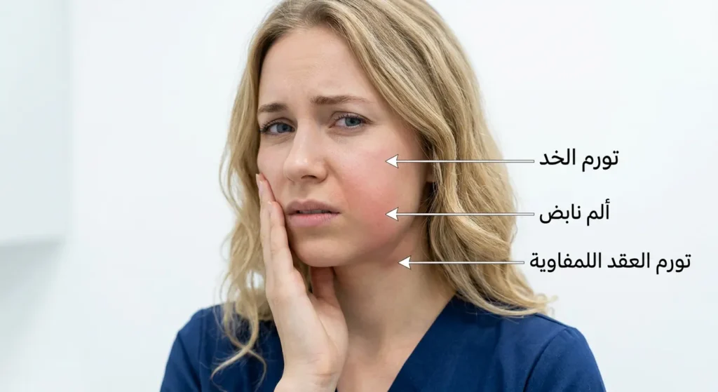 امرأة تعاني من أعراض خراج الأسنان مع توضيح مناطق التورم والألم