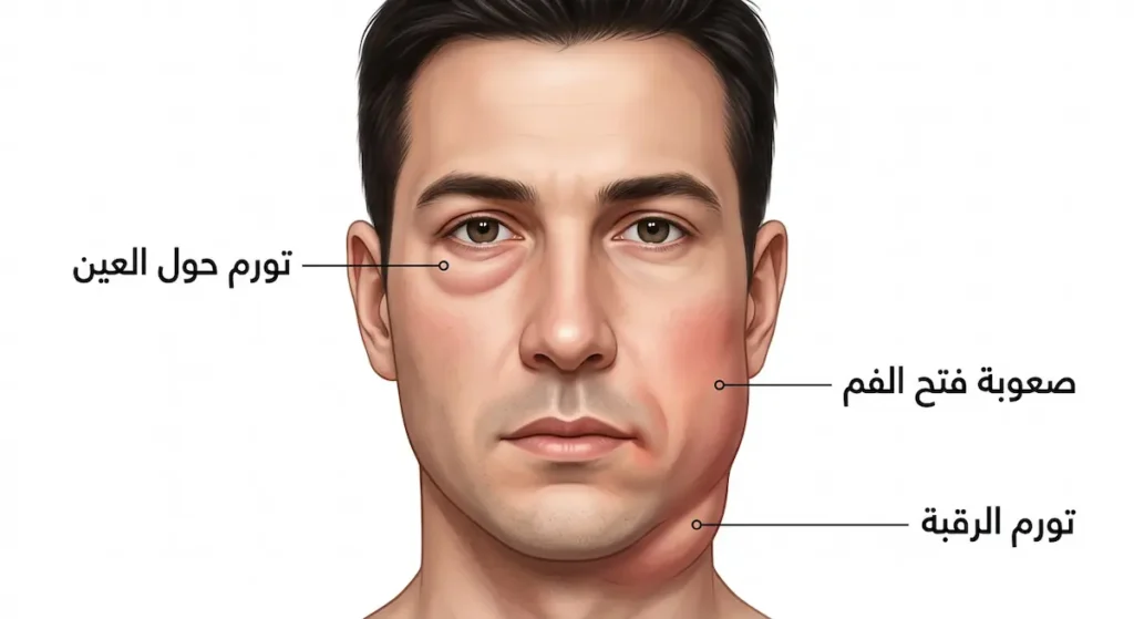 رسم توضيحي لوجه إنسان يُحدد مناطق علامات الخطر مثل تورم العين والرقبة وصعوبة فتح الفم