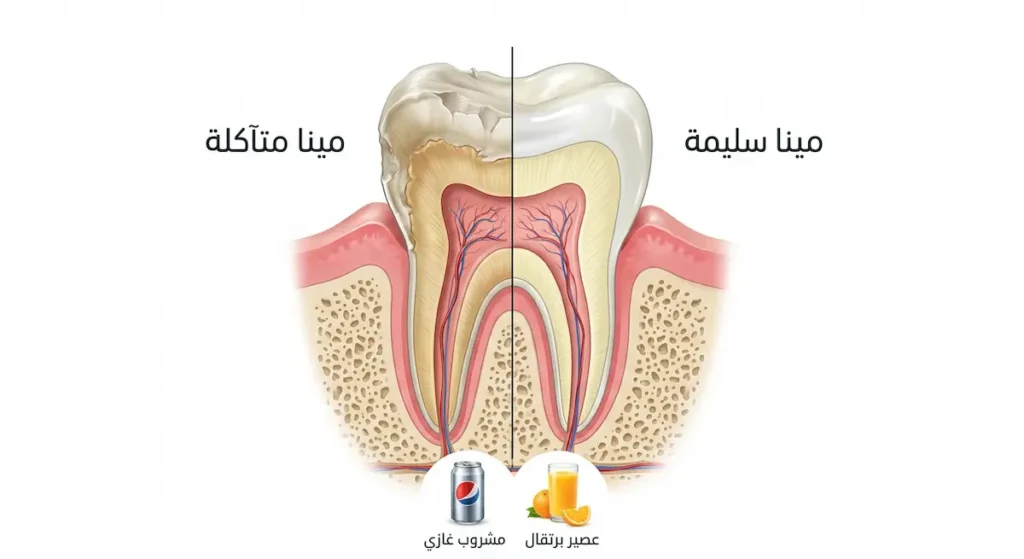مقارنة بين سن بمينا سليمة وسن بمينا متآكلة بسبب الأطعمة والمشروبات الحمضية