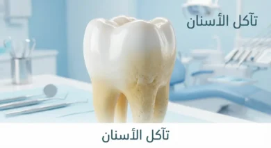 صورة غلاف تُظهر سناً بشرياً يوضح الفرق بين المينا السليمة اللامعة والمينا المتآكلة المصفرة مع كلمة تآكل الأسنان